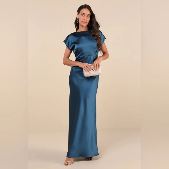 Lulus Captivating Presence Dark Teal Satin Cowl Back Maxi Dress L Wedding Party - Picture 2 of 10